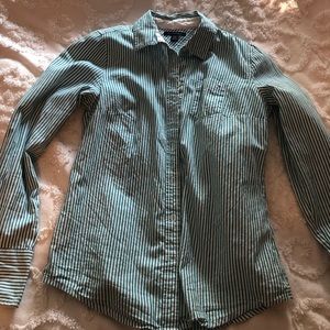 Teal and white stripped Tommy button up